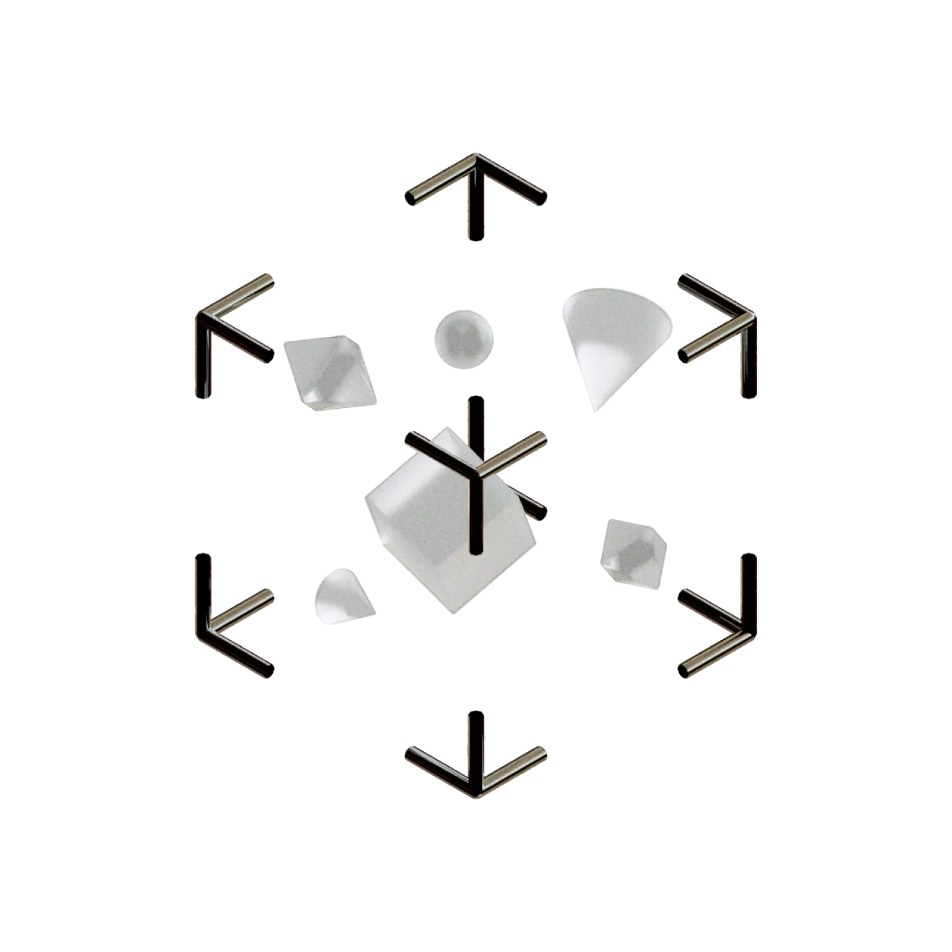 3D representation of customer journey mapping, glass bits and pieces floating around in a metal wire semi-completed box.