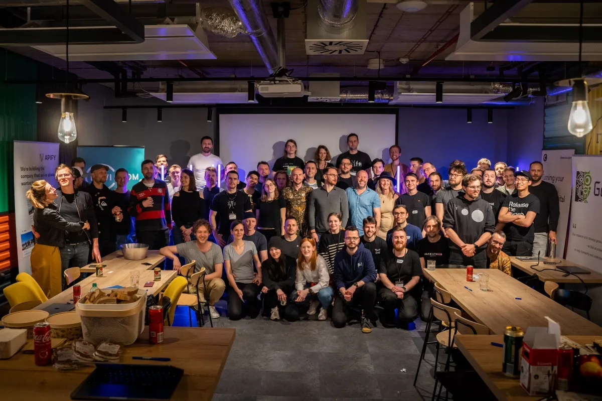 A group photo in the kitchen after the hackathon ended