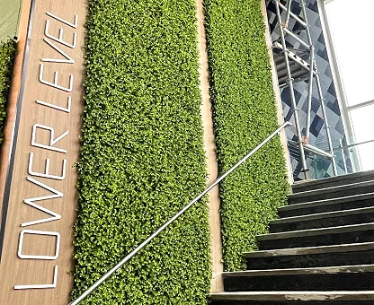 Tall wall accent strips of artificial plant wall.