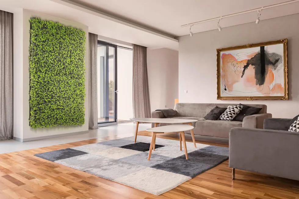Residential living room with a modern artificial plant wall