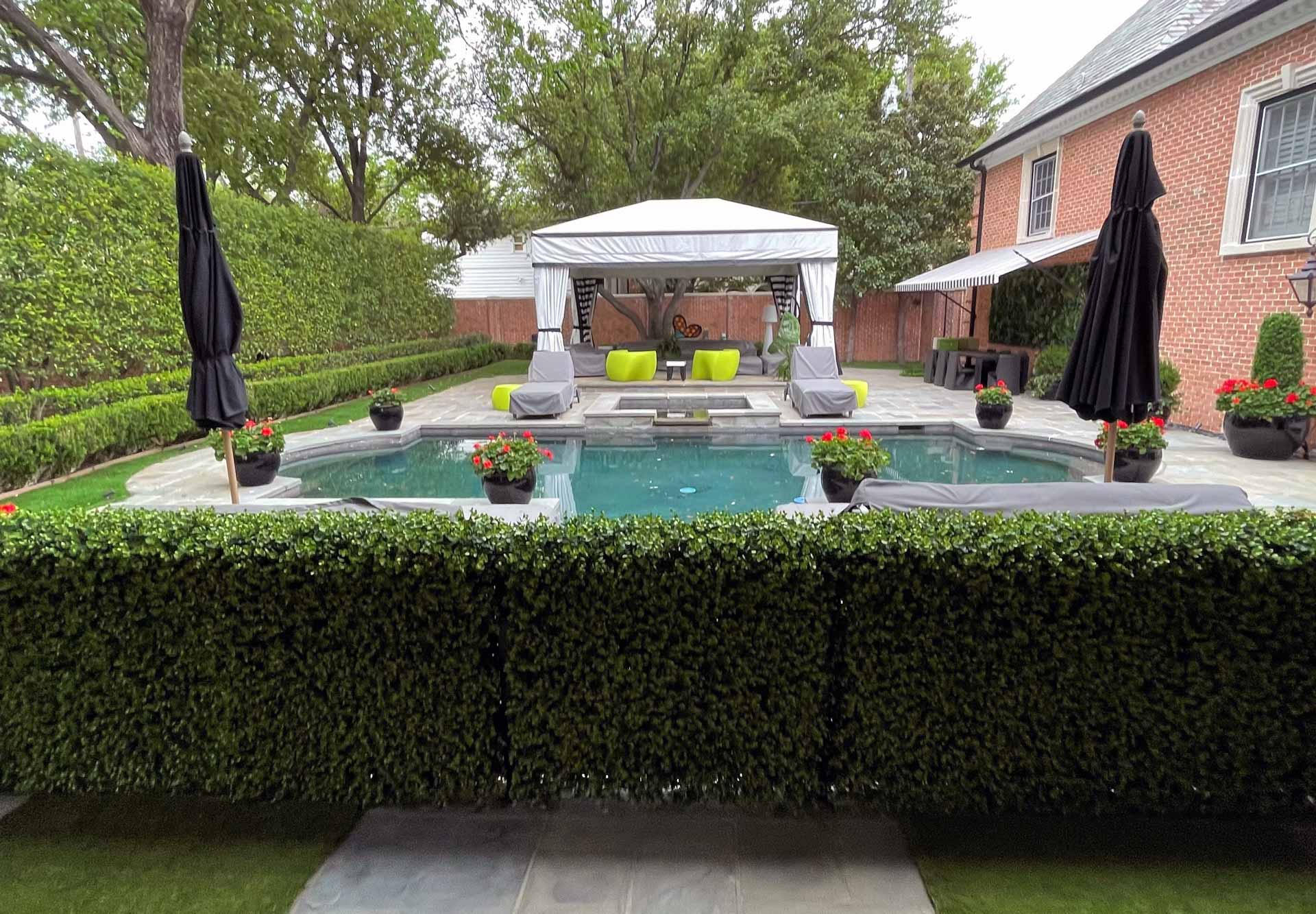 Residential backyard with a hedge made of artificial plants in a pool area