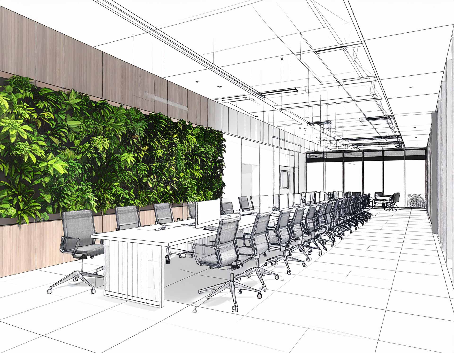 A CAD illustration showing the interior of a business with an artificial plant wall.