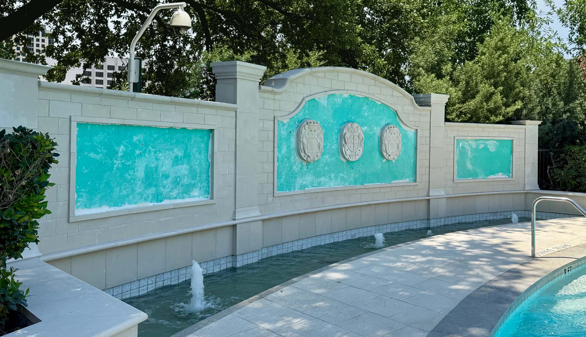 Fountain wall with white masonry bricks