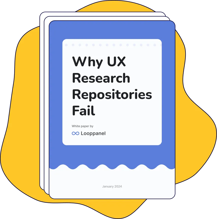 Stack of white papers titled 'Why UX Research Repositories Fail' by Looppanel, dated January 2024.