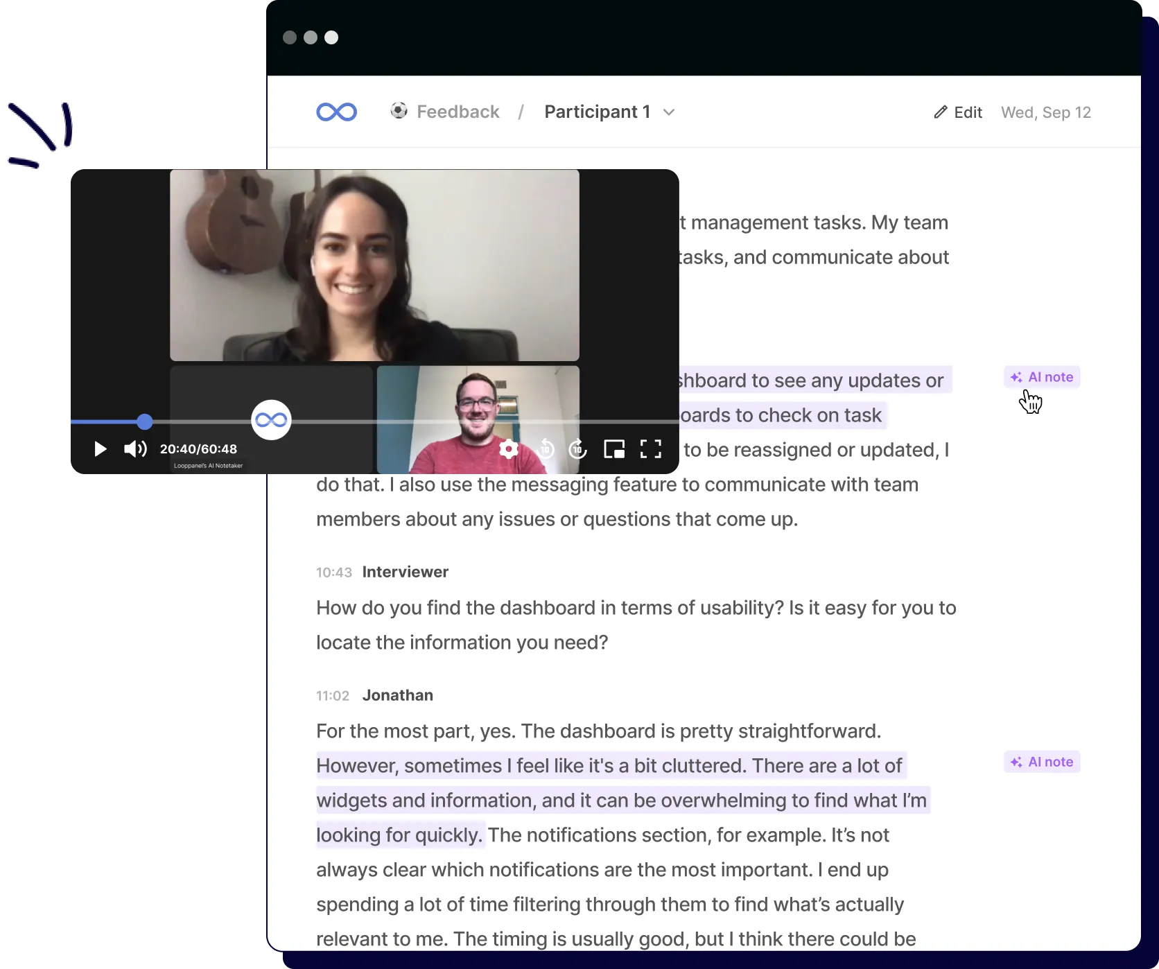 Video call with two people overlaying text of a usability interview discussing dashboard clutter and widget overload.