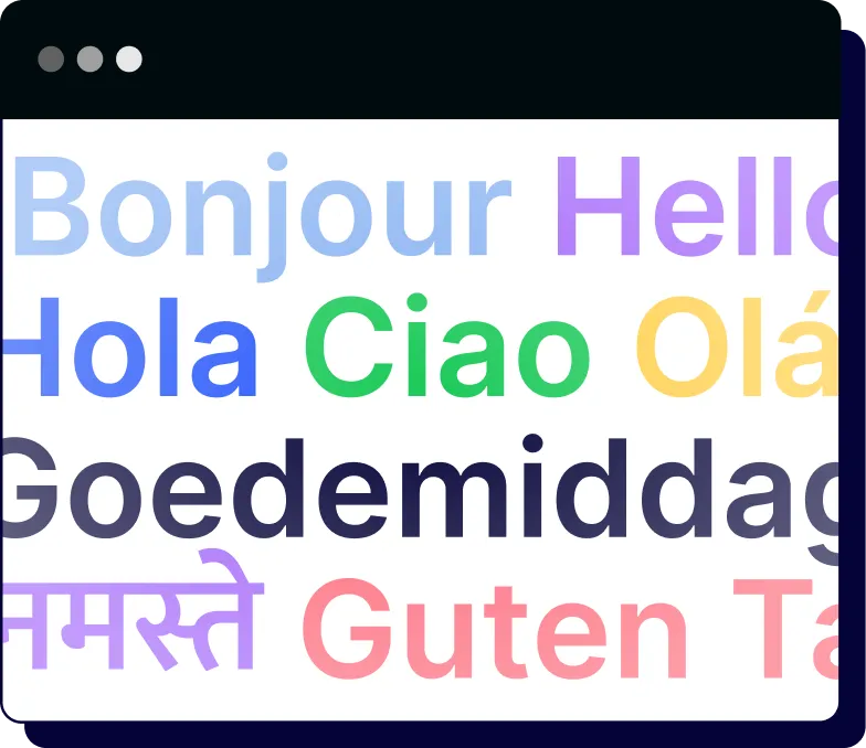 Colorful words saying hello in various languages on a white background within a dark browser frame.