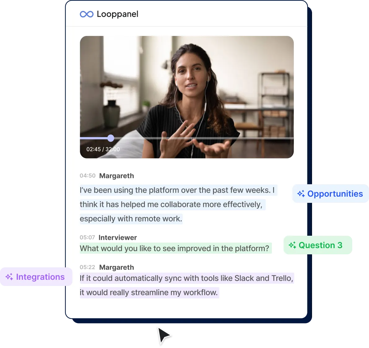 Video call screen with woman speaking and text chat about platform collaboration and integration features.