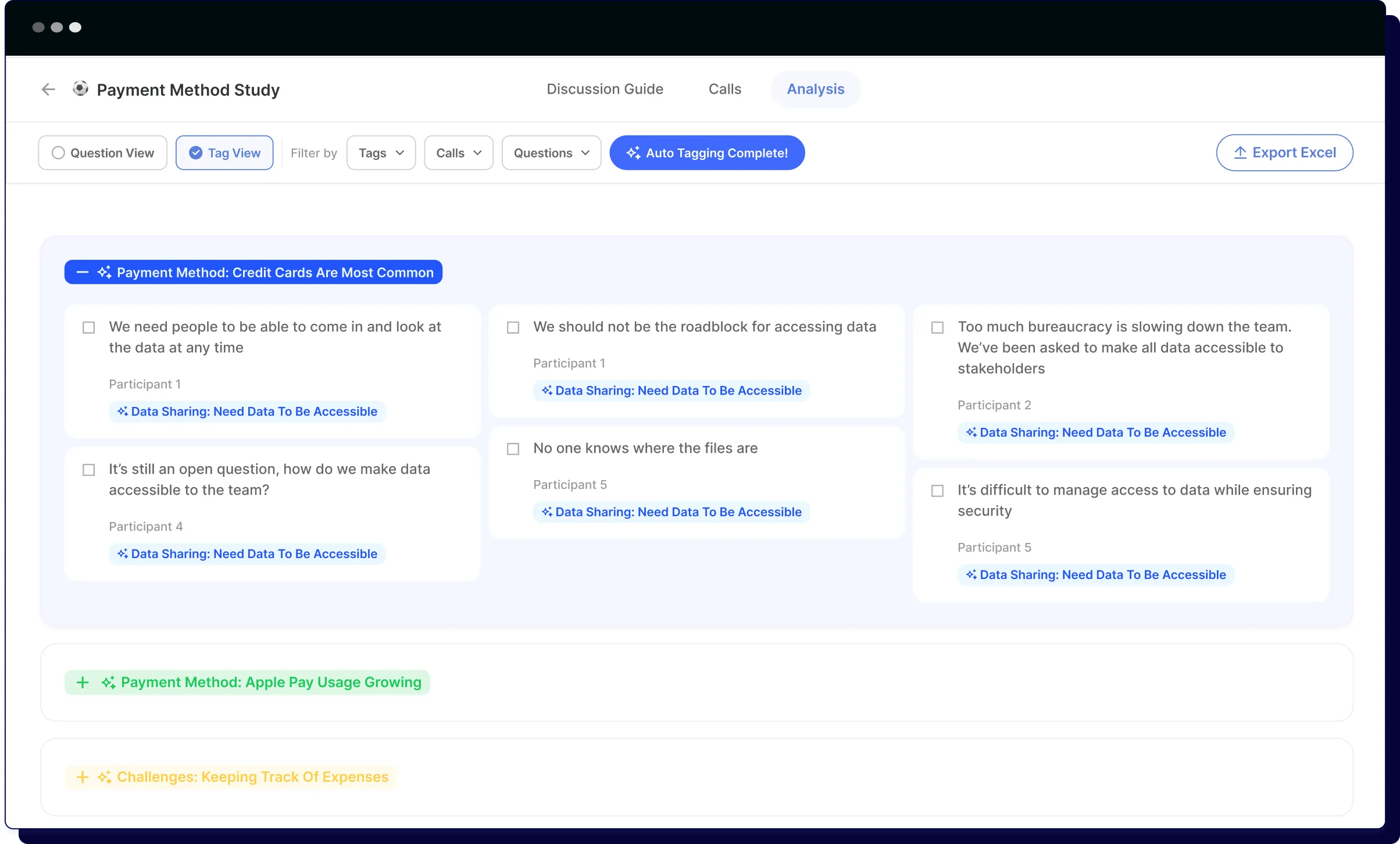 Dashboard showing Payment Method Study analysis with tagged comments about data sharing accessibility.