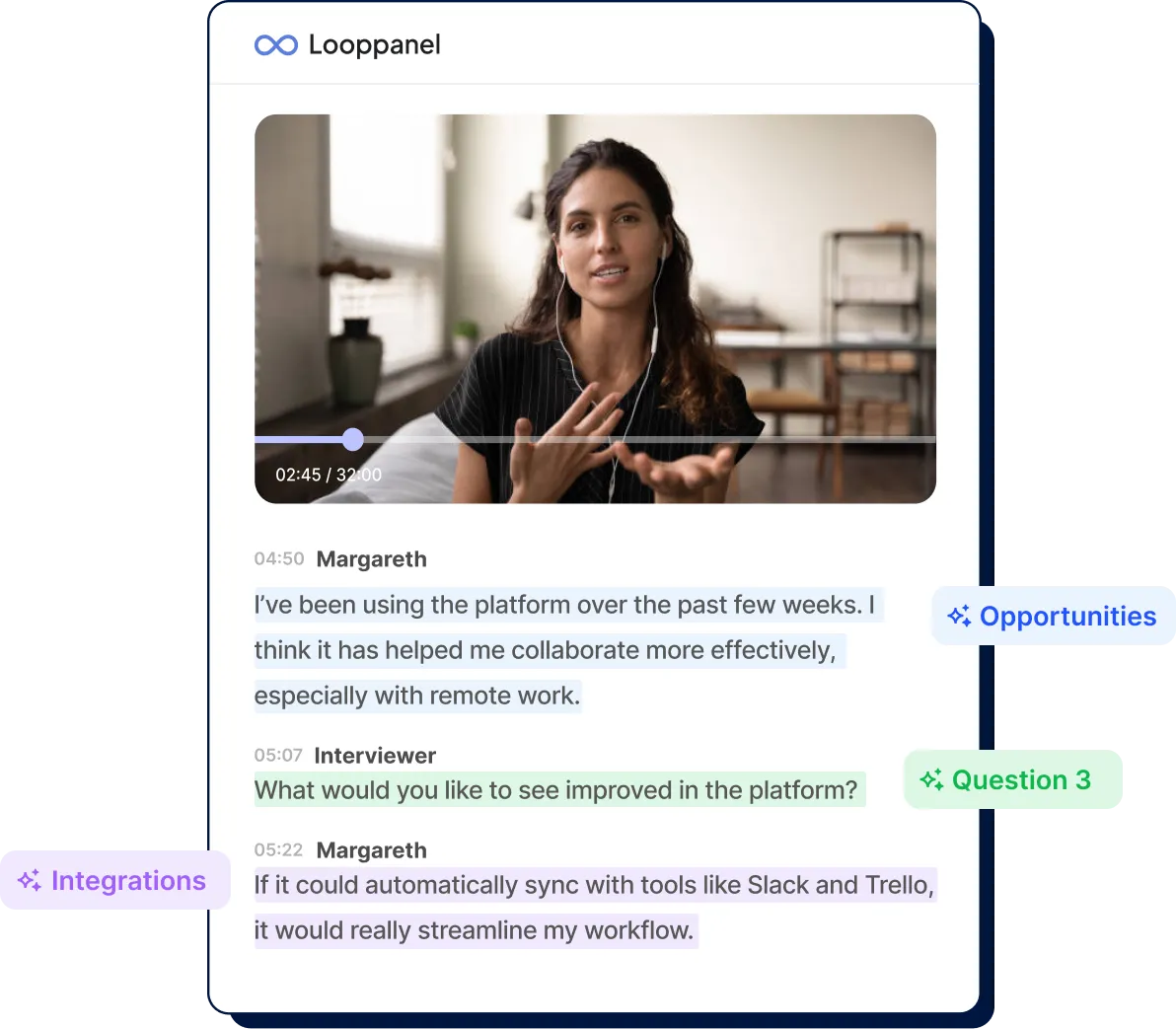 Video call with woman speaking, transcript highlights questions, opportunities, and integrations discussed.