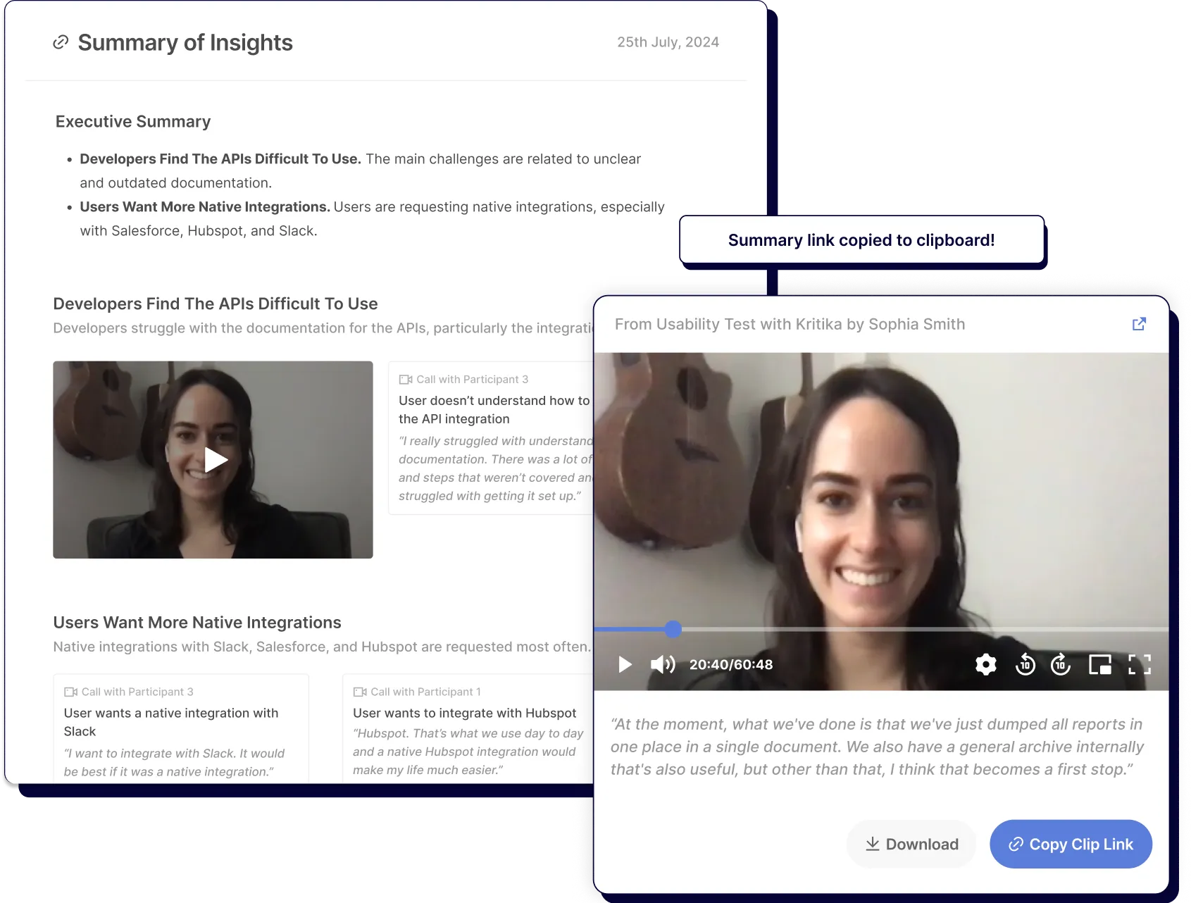Screenshot of a summary report with video clips of a woman discussing API difficulties and integration requests.