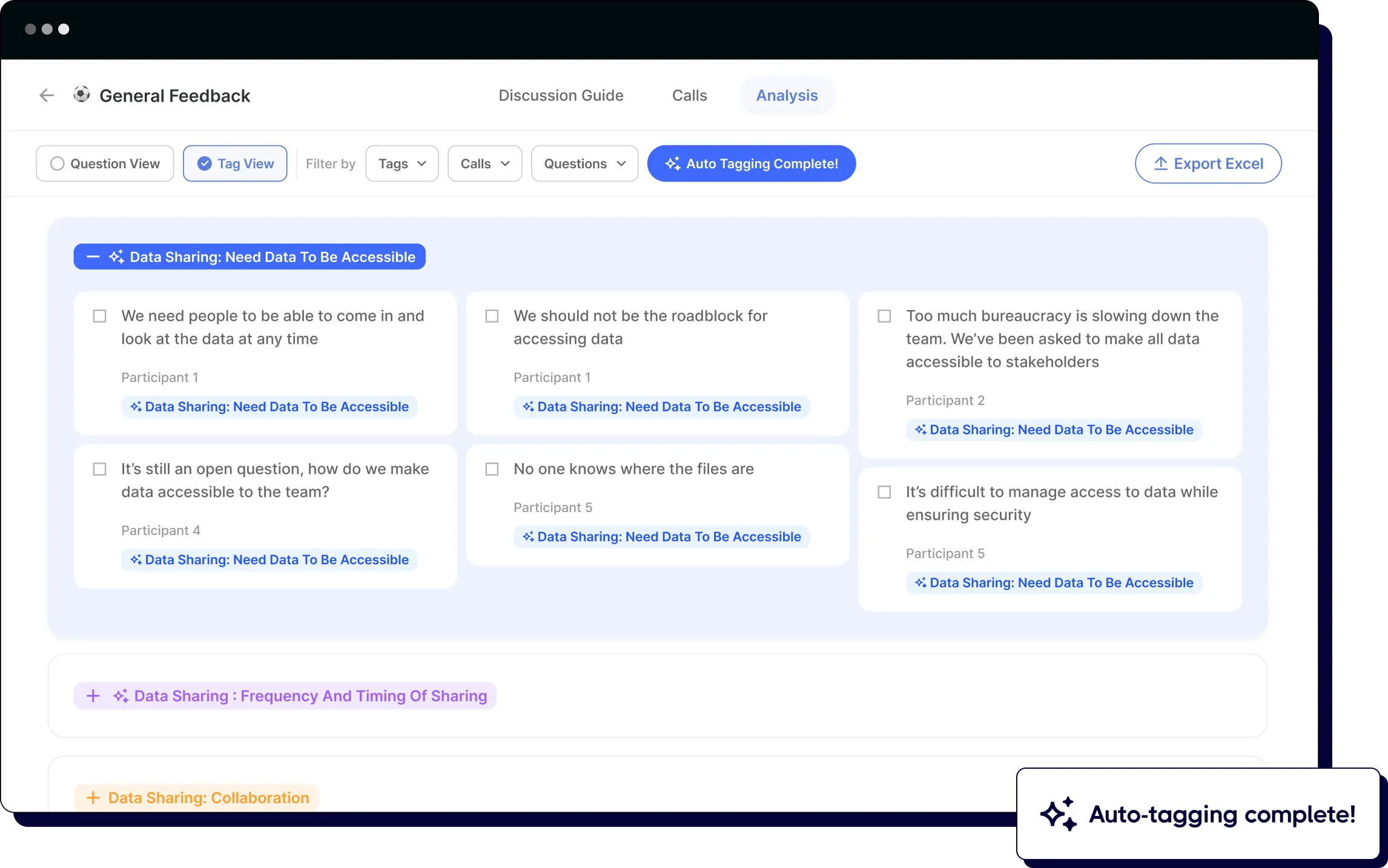 Feedback analysis page showing data sharing concerns with tagged participant comments and auto-tagging complete.