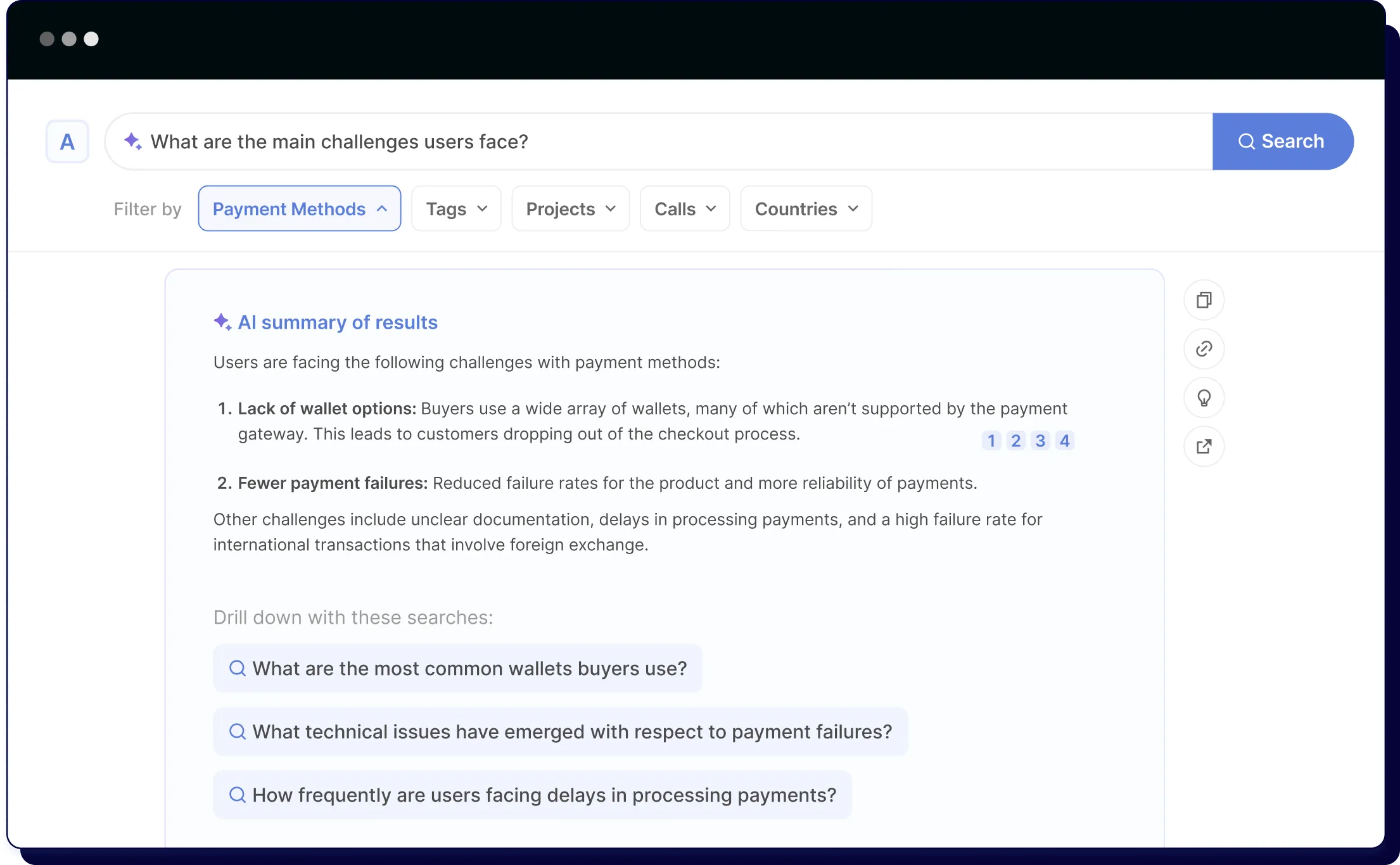 Search results listing payment method challenges: lack of wallet options, payment failures, and delays in processing.