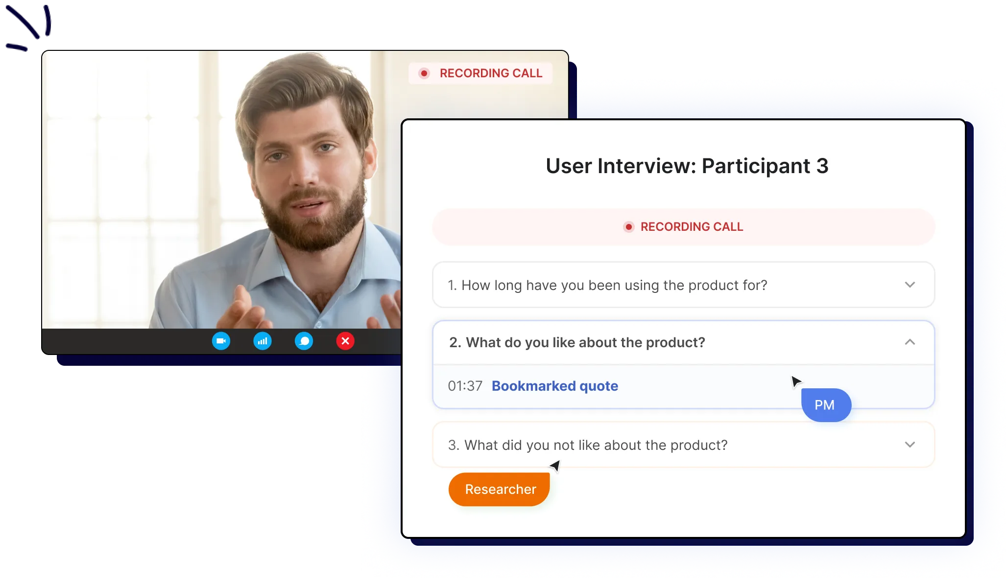 Video call screen showing a man and user interview questions with recorded call indicators and participant tags.