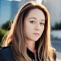 Portrait of a woman with long light brown hair wearing a black jacket, outdoors with blurred background.
