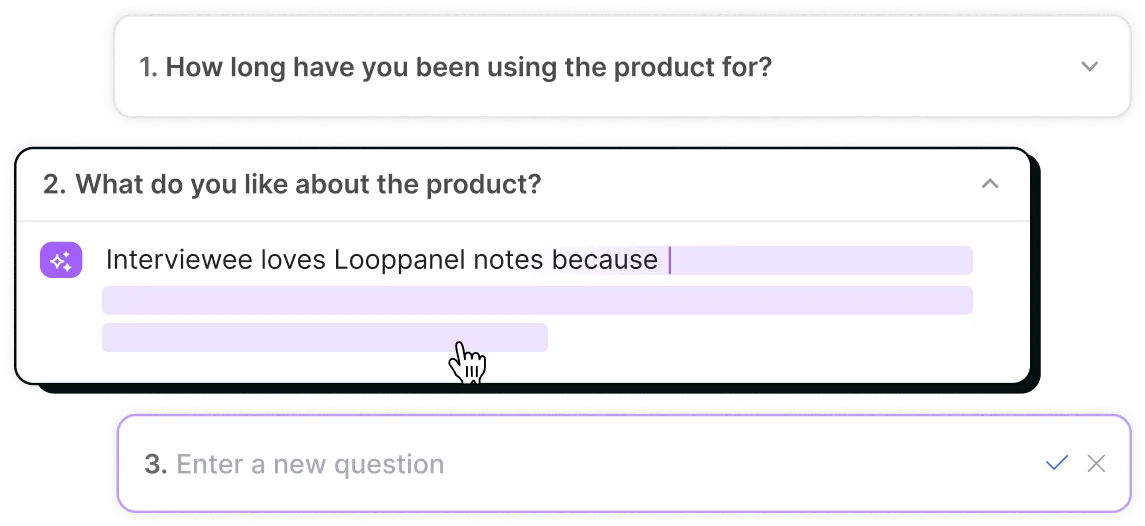 Survey form with questions about product use and likes, showing partly typed answer about LoopPanel notes.