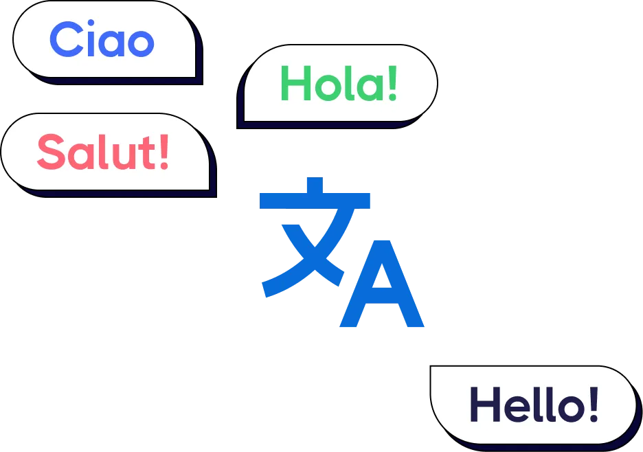 Speech bubbles say hello in Italian, Spanish, French, and English around a blue translation icon.