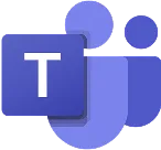 Microsoft Teams logo with white T on blue and purple abstract shapes.