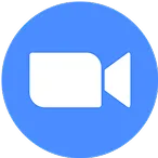 White video camera icon on a blue circular background representing Zoom app.