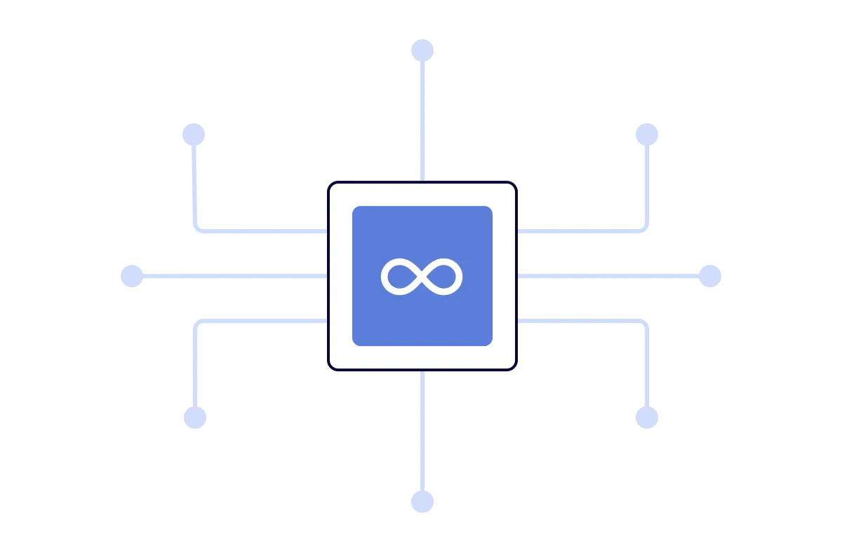 Blue chip with white infinity symbol and eight connecting lines extending outward on black background.