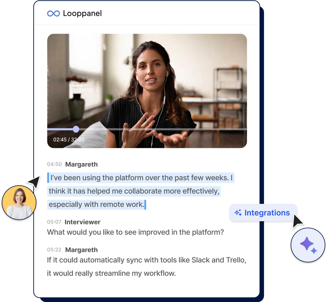 Video call interface showing a woman speaking with a chat transcript about platform collaboration features.