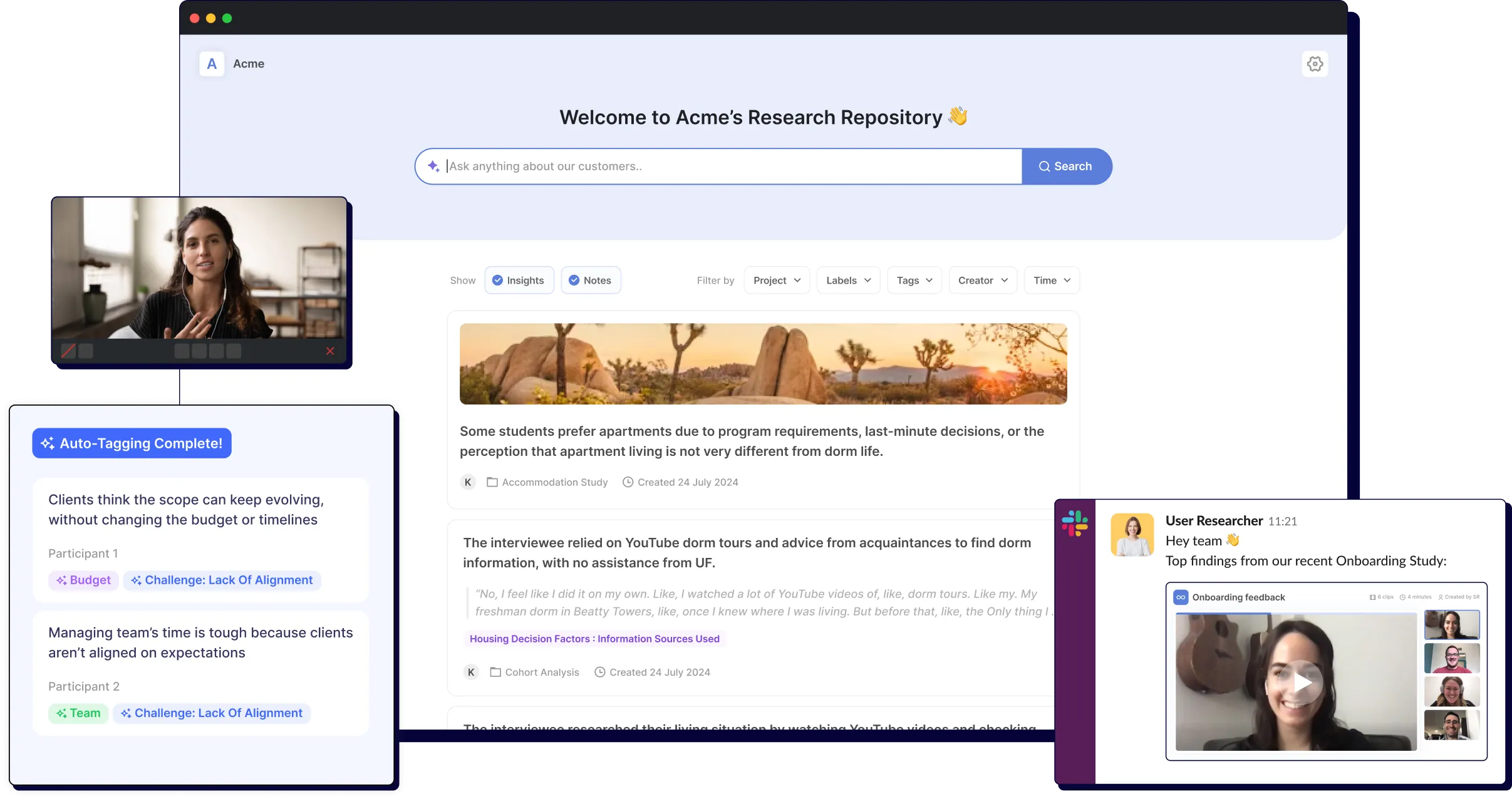 Research platform interface with video calls, auto-tagging study notes, and a team chat sharing onboarding feedback.