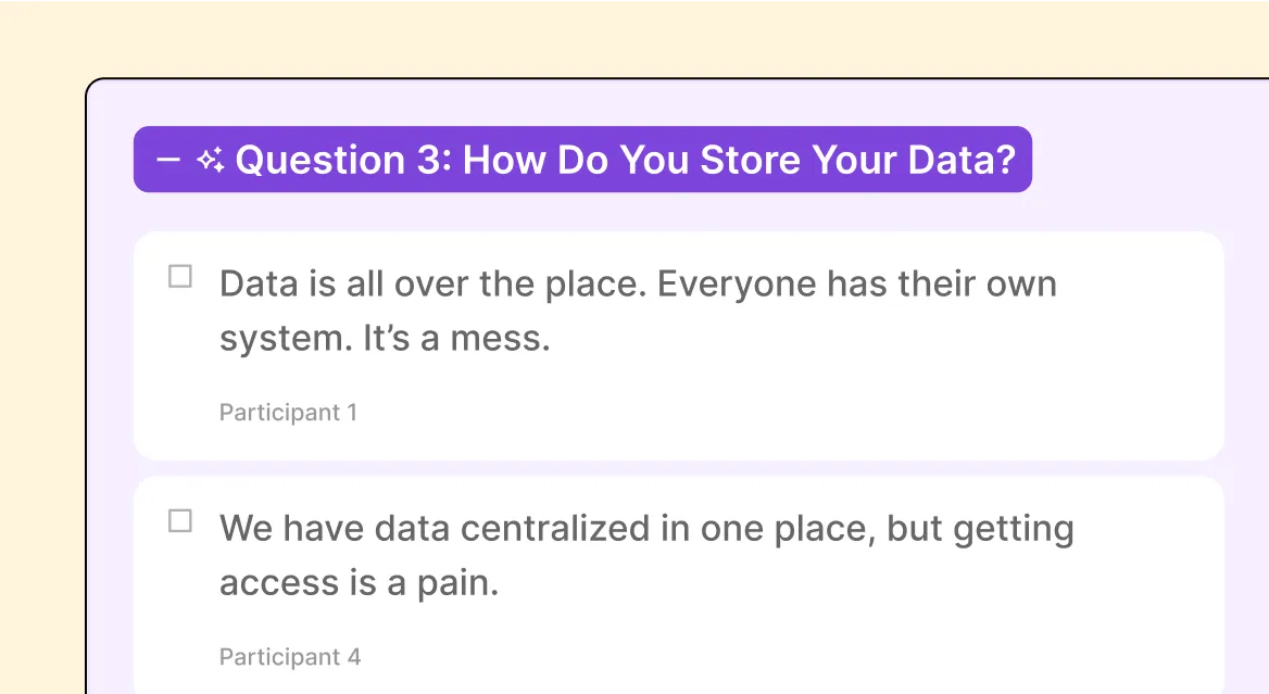 Survey question on data storage with responses about scattered data and centralized data access issues.
