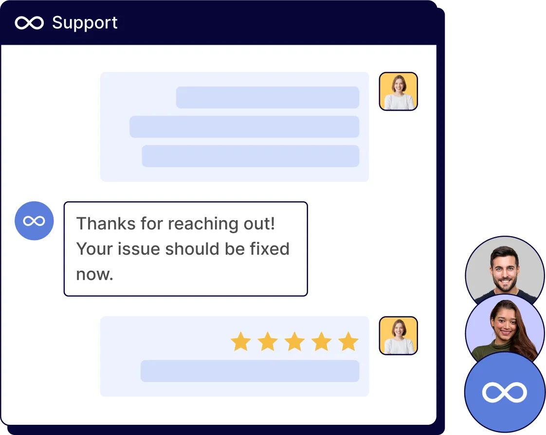 Chat support interface showing a conversation with a message saying issue should be fixed now and a five-star rating.