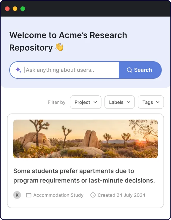 Research repository interface showing search bar, filters, and a study on student preferences with desert landscape image.