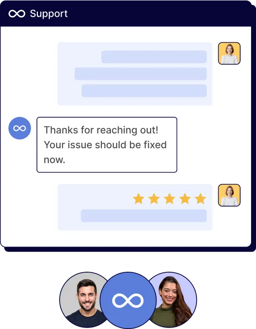 Customer support chat with message: 'Thanks for reaching out! Your issue should be fixed now.' and five-star rating.