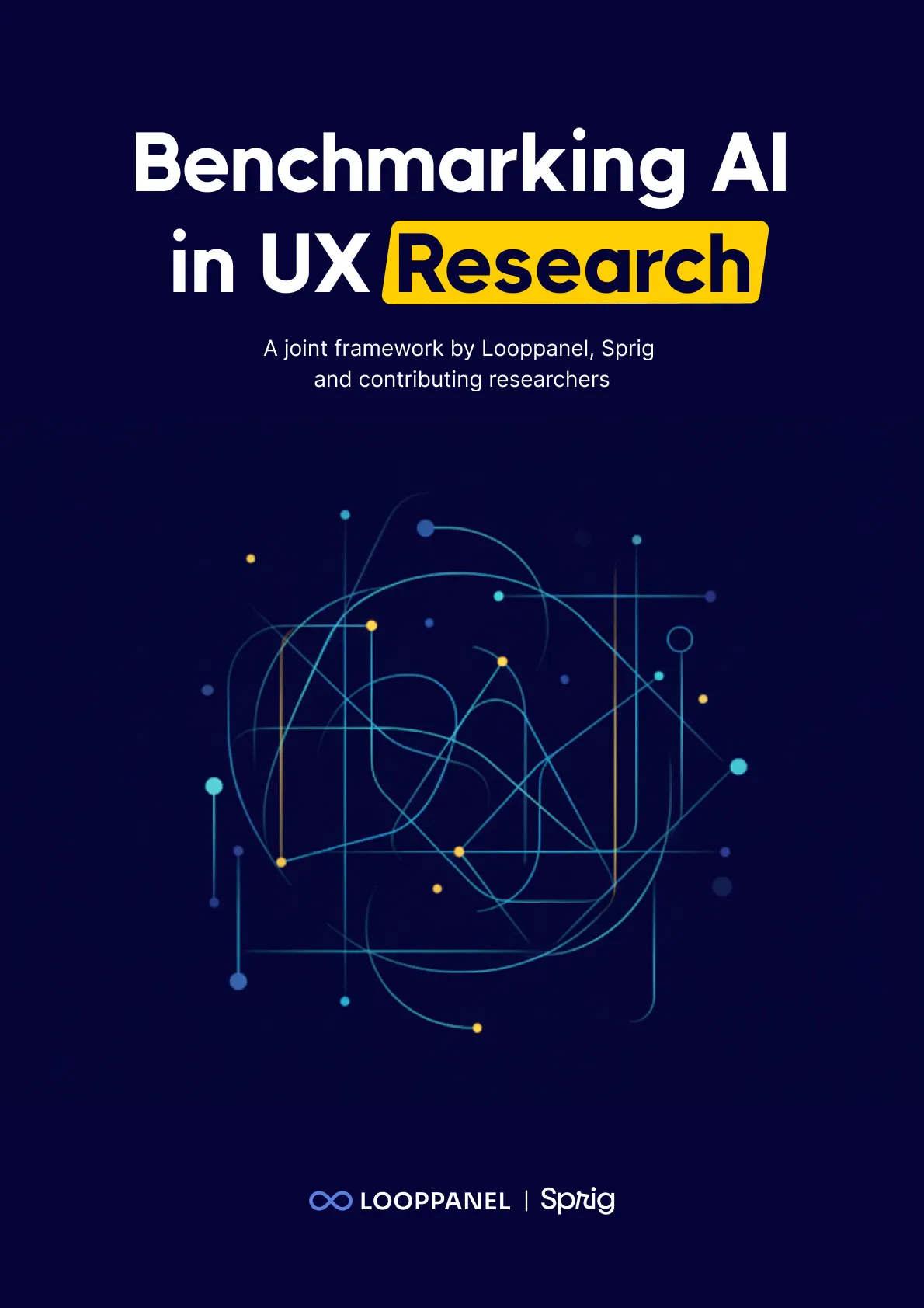 Text 'Benchmarking AI in UX Research' with abstract network lines and Looppanel and Sprig logos on dark background.