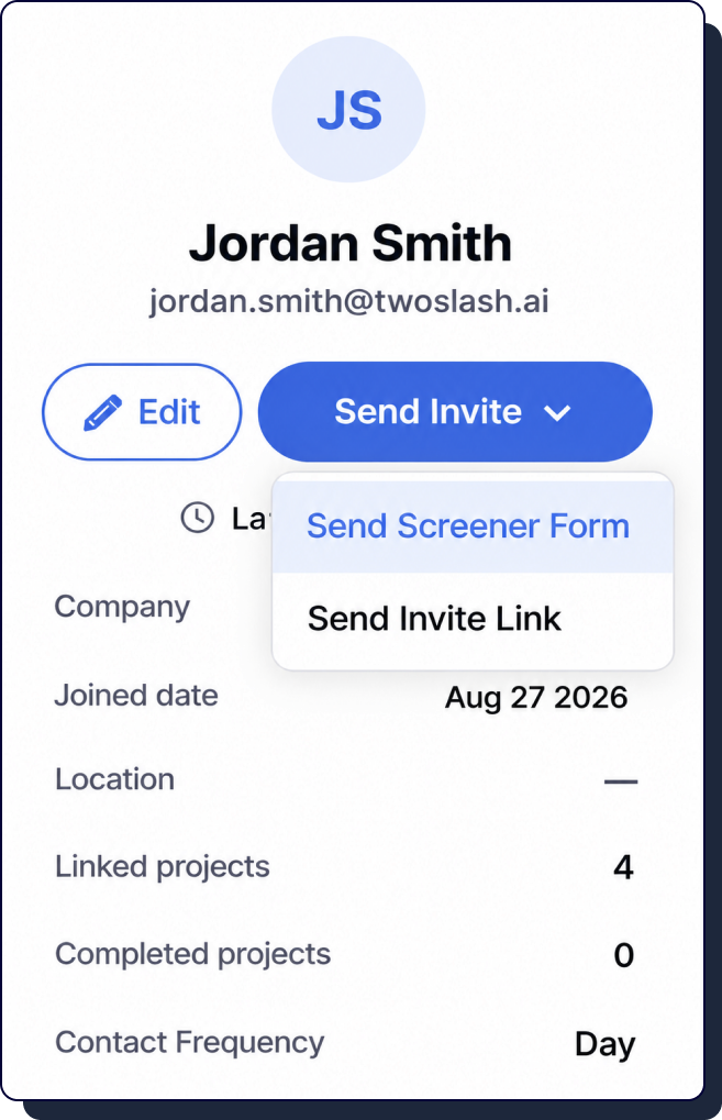 Participant profile card showing linked projects, joined date, location and contact frequency