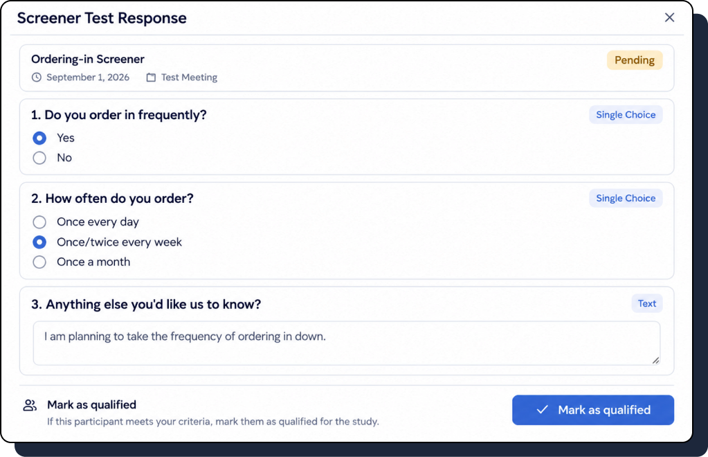 Screener test response showing participant answers with a mark as qualified action