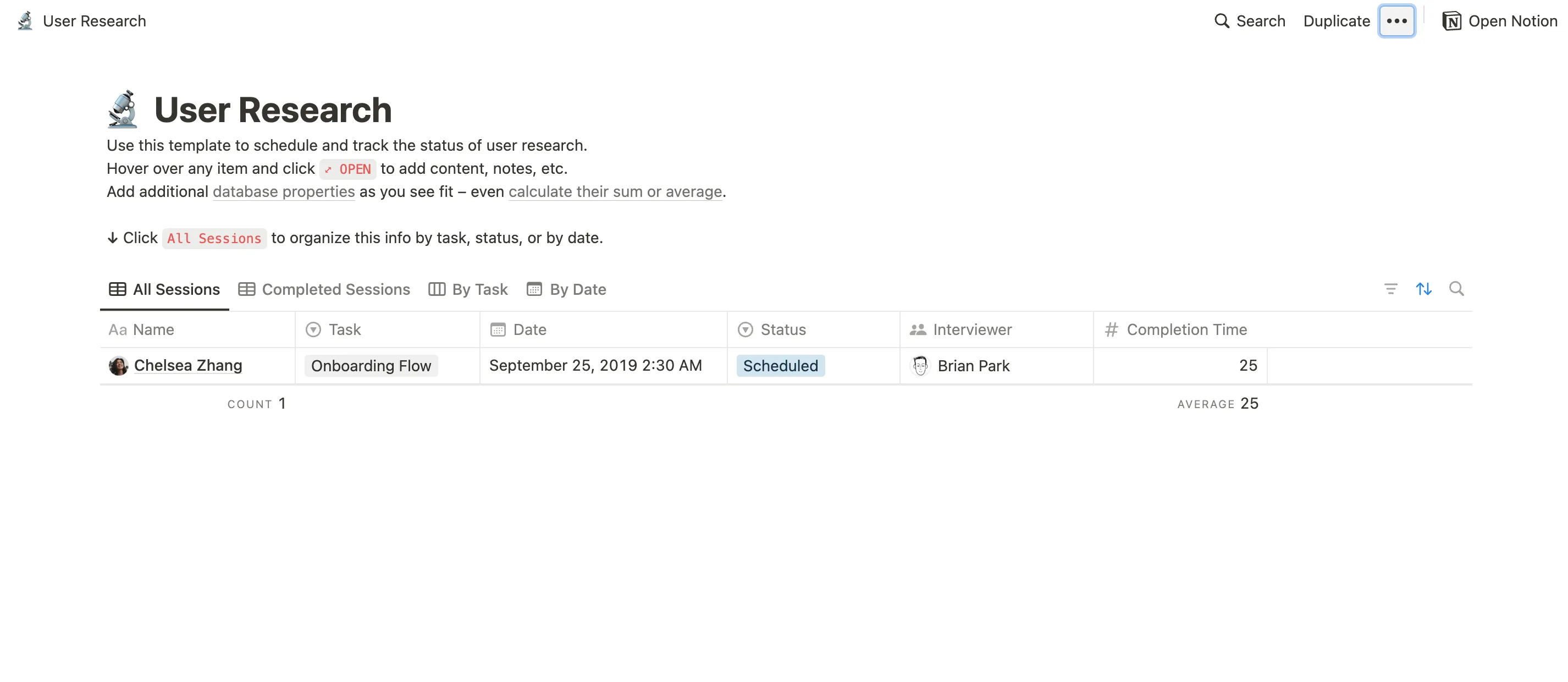 UX research repository template by Notion