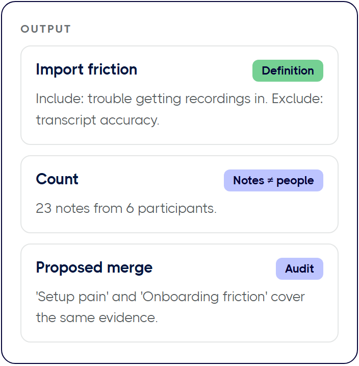 Output: Import friction; Count; Proposed merge.