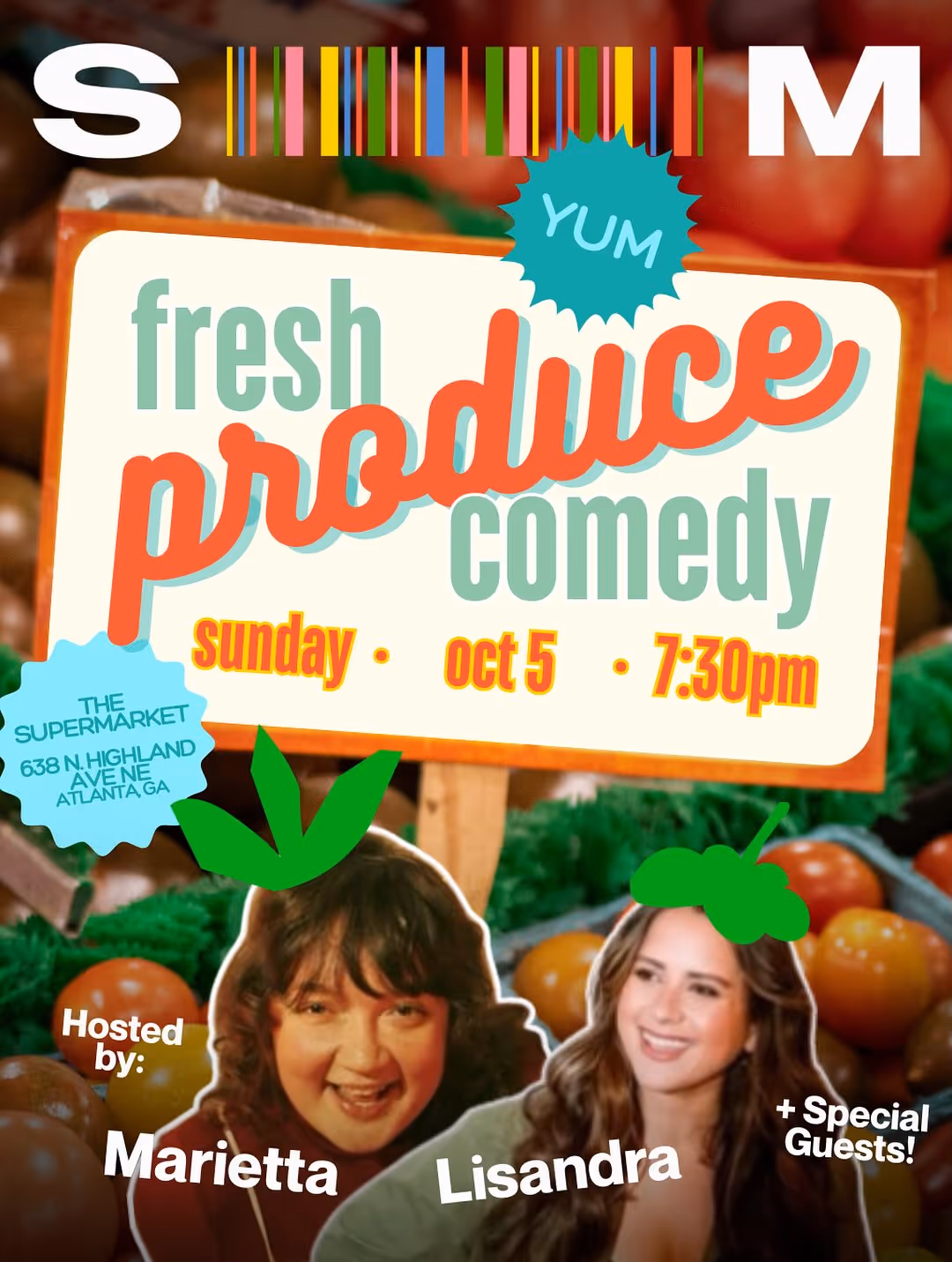 Colorful Fresh Produce Comedy poster featuring hosts Marietta Mendler and Lisandra Vázquez.