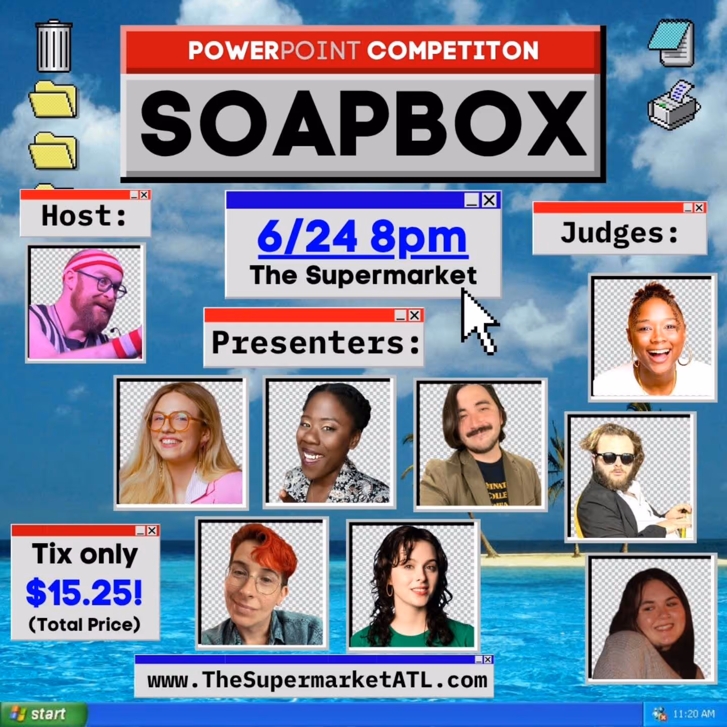 Colorful Soapbox poster featuring host, judges, and presenters for the PowerPoint comedy competition.