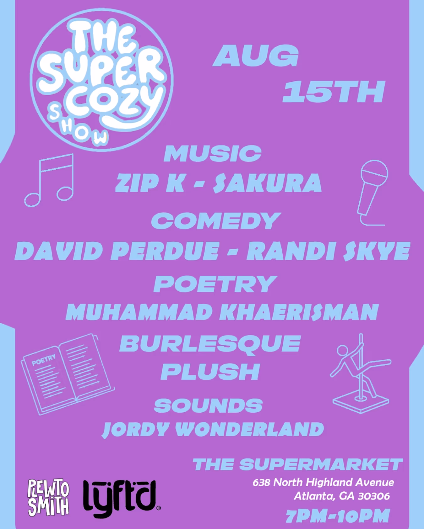 Alternate flyer for The Super Cozy Show, listing performers by category in bold text.