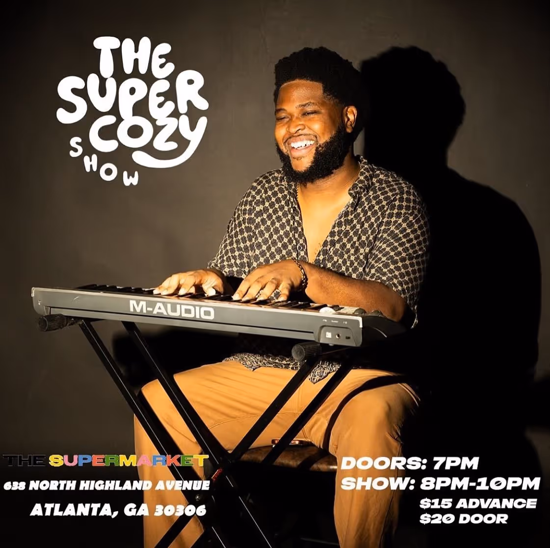 Smiling musician playing keys under The Super Cozy Show logo.