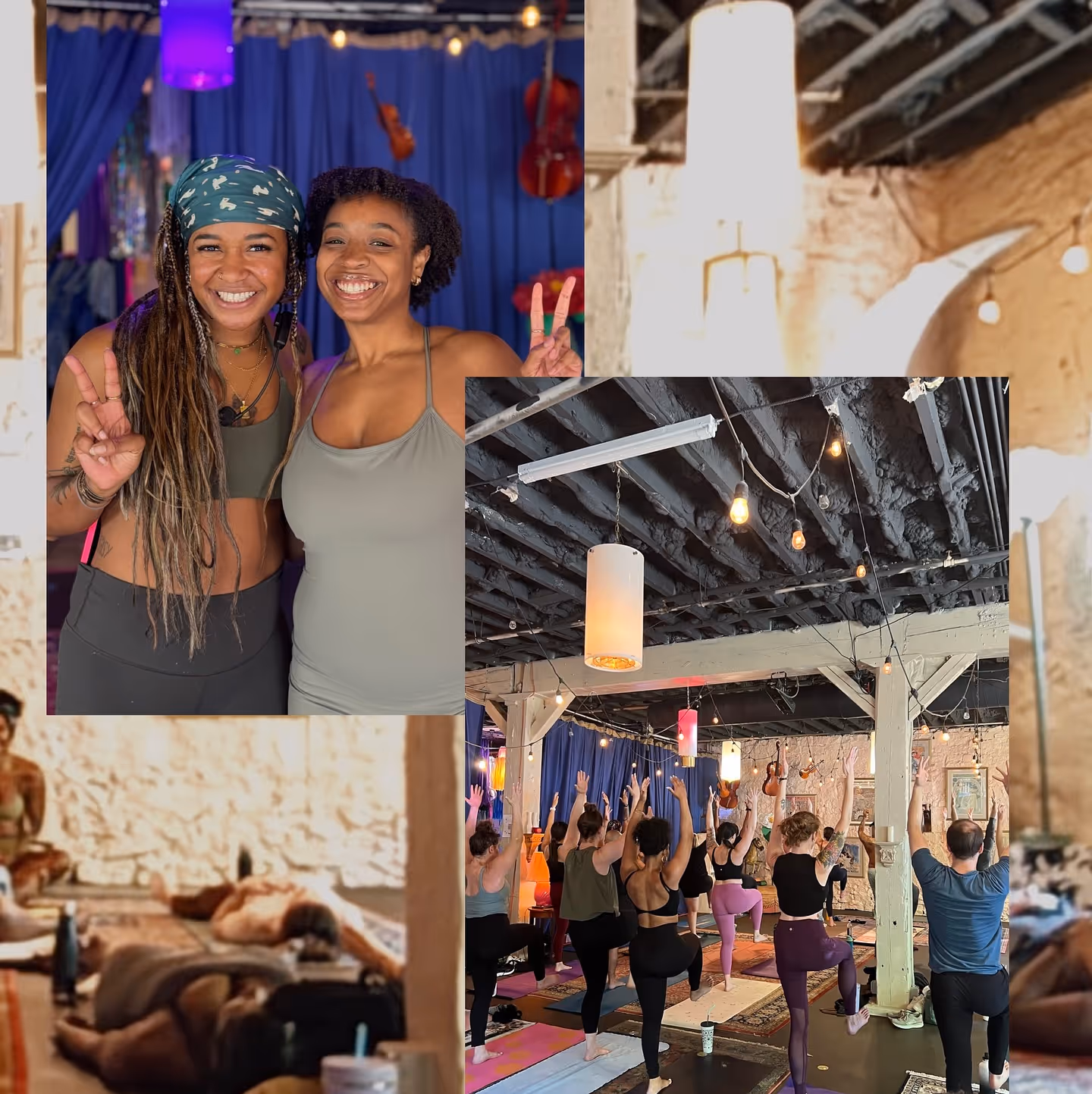 Yoga with Jas: smiles with attendee; class reaching overhead.