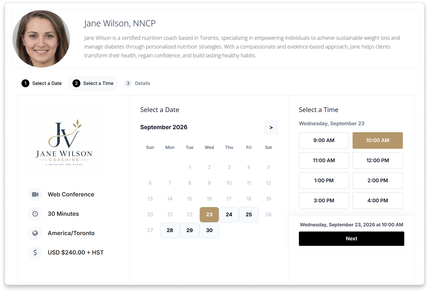 Client easily booking coaching sessions online with CreamSoda scheduling tools
