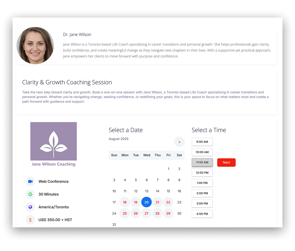 Client easily booking coaching sessions online with CreamSoda scheduling tools
