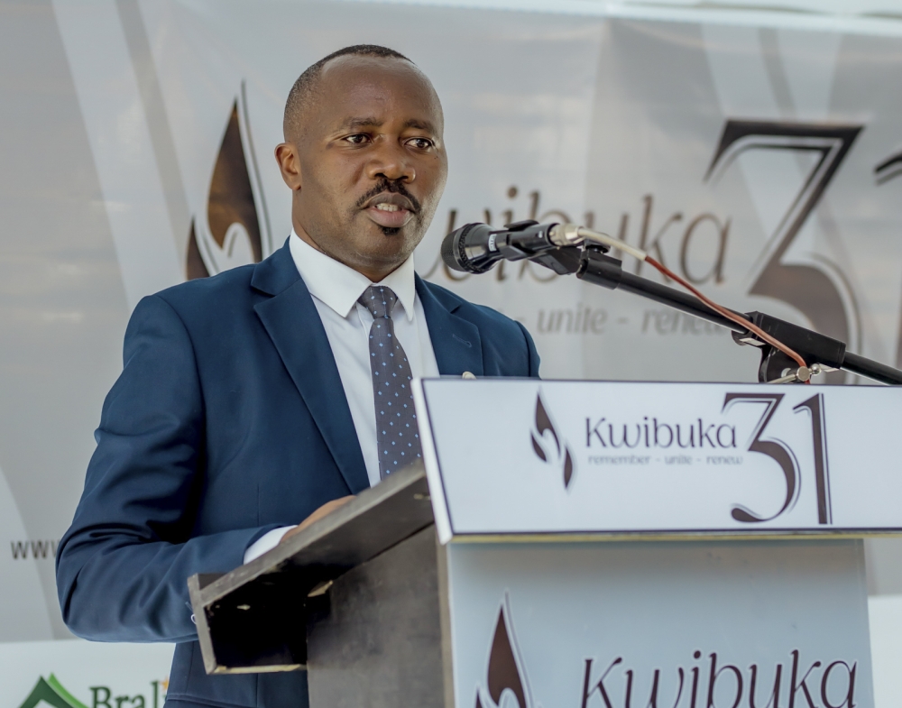 Mayor of Rubavu District, Prosper Mulindwa speaks at the commemoration event at Gisenyi Genocide Memorial. Courtesy