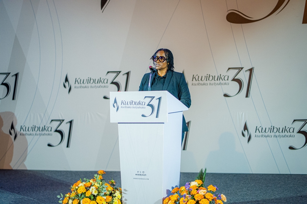 BRALIRWA’s Managing Director, Ethel Emma-Uche addresses mourners during the commemoration of former employees at Kigali Genocide Memorial. Courtesy