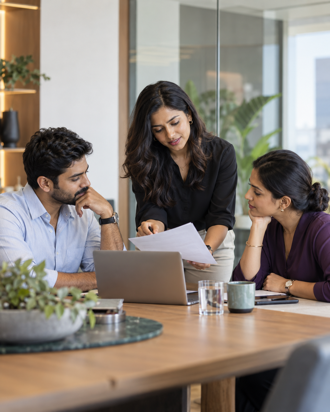 Three colleagues reviewing a candidate profile together at a meeting table