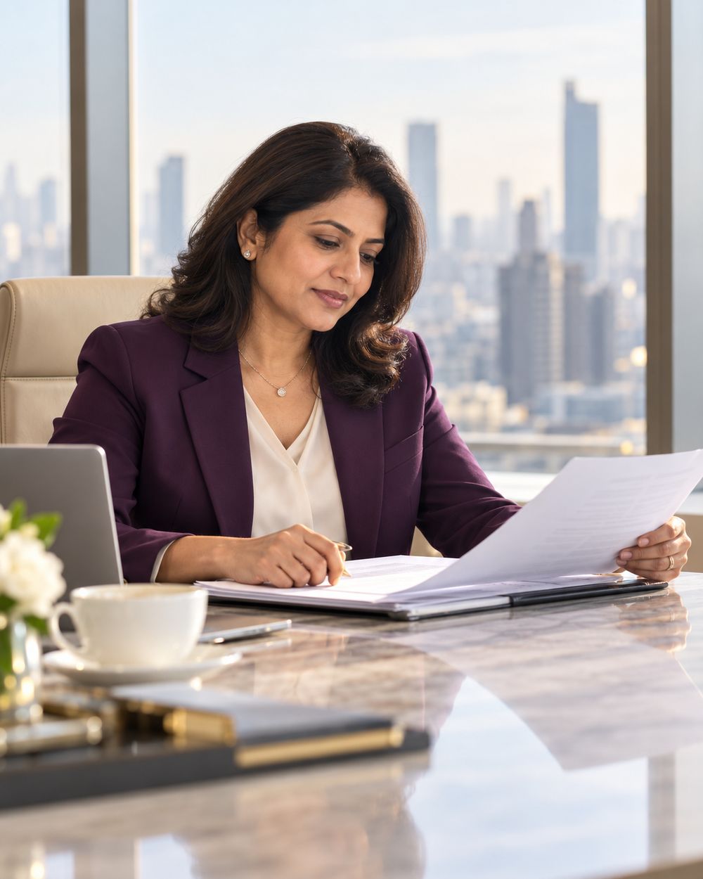 A senior woman finance executive reviewing documents in a bright boardroom overlooking the city