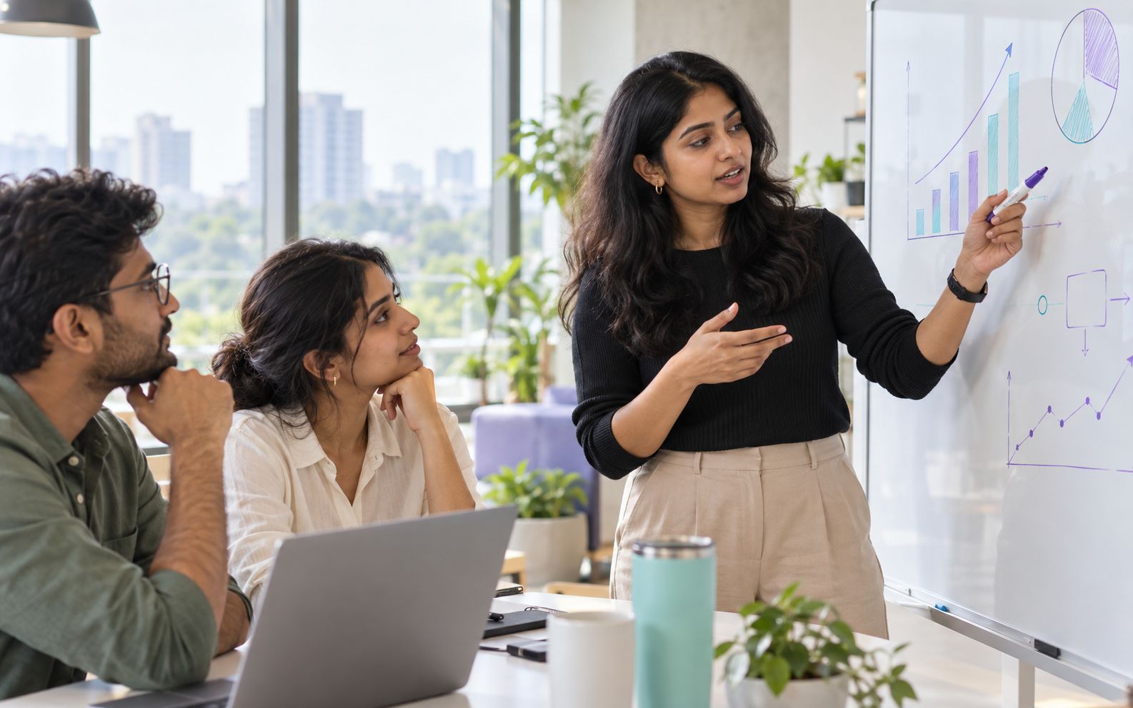 A woman data scientist explaining a chart on a whiteboard to two colleagues