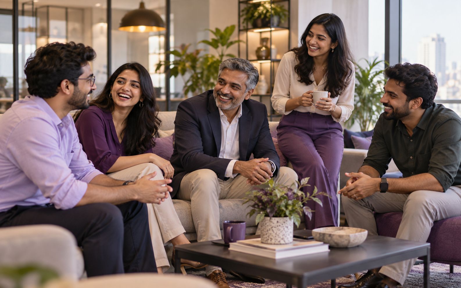 A gender-balanced group of professionals of different ages in conversation in an office lounge