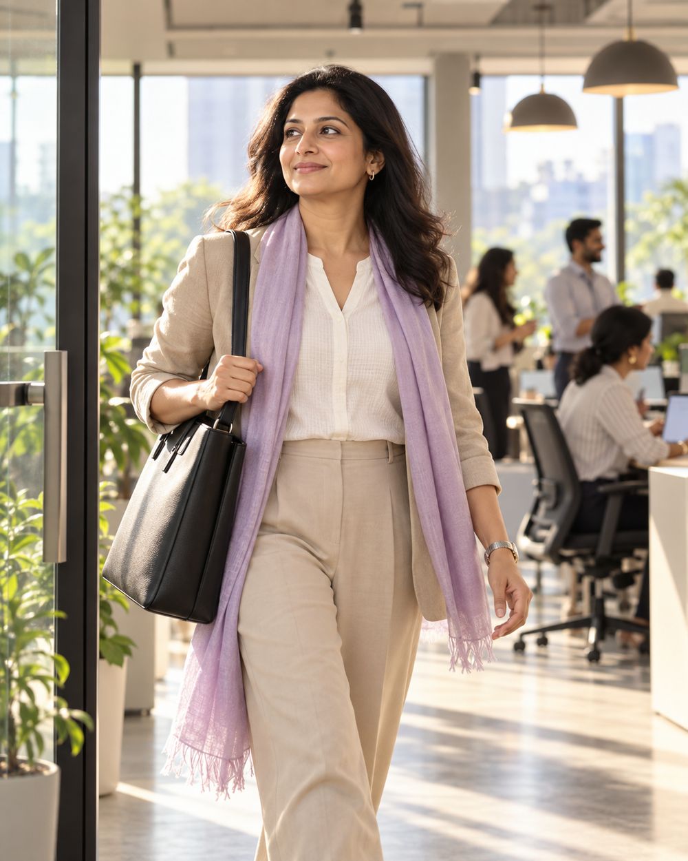 A woman professional walking confidently into a bright modern office with her bag