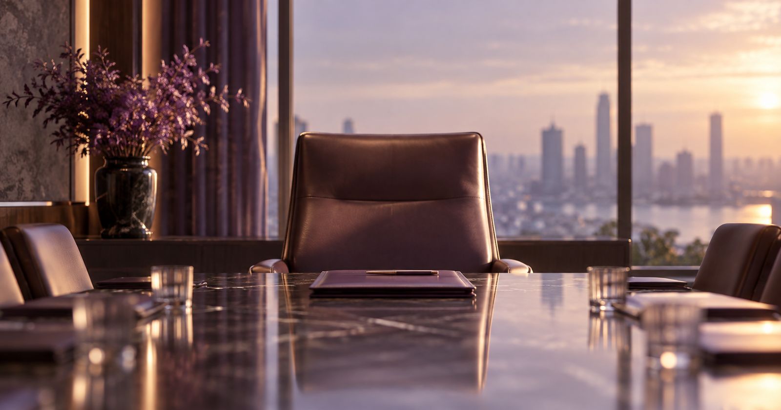 An empty chair at the head of a boardroom table with a folder placed in front of it