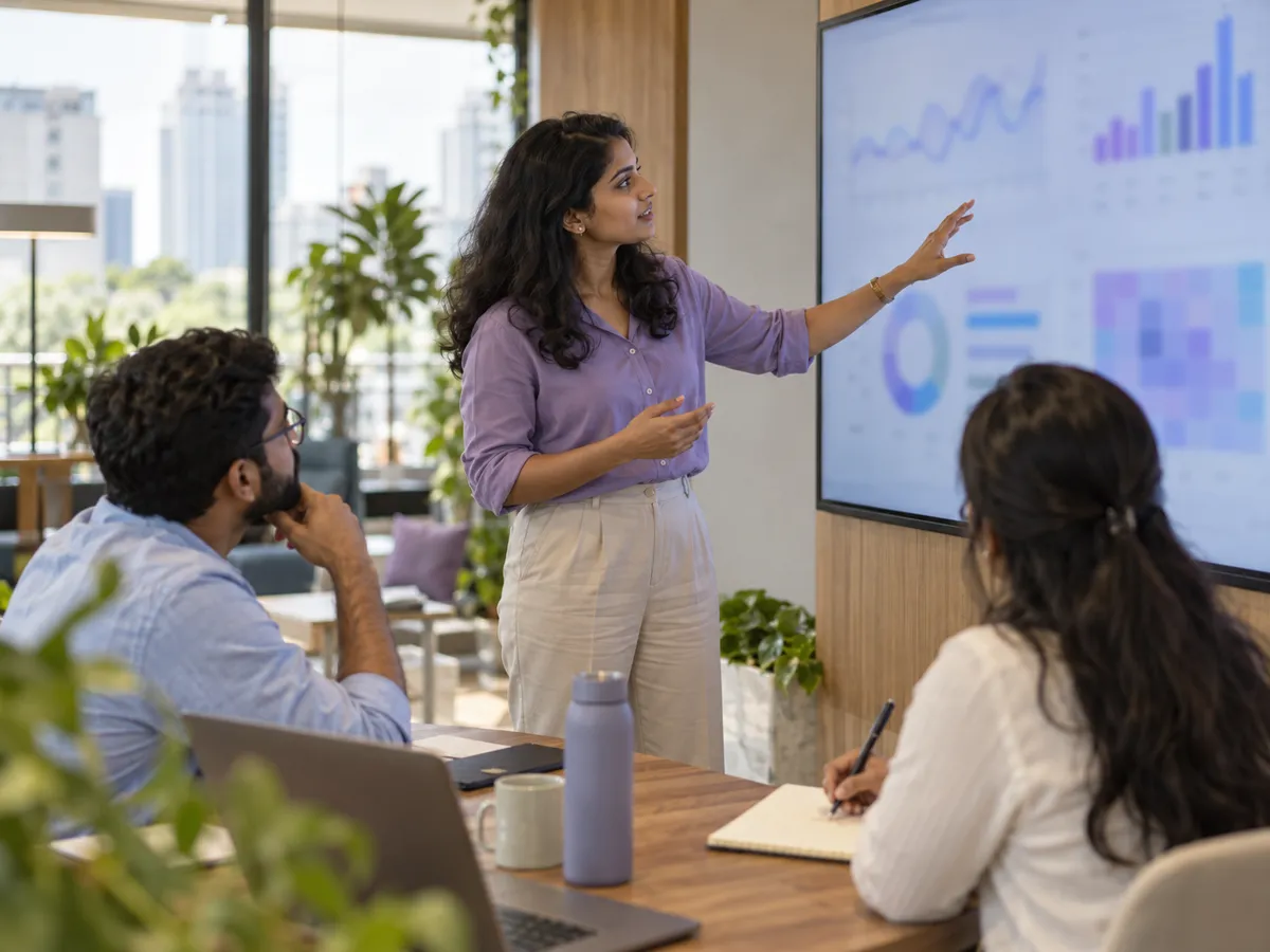 An analyst walking two colleagues through a dashboard on a large screen